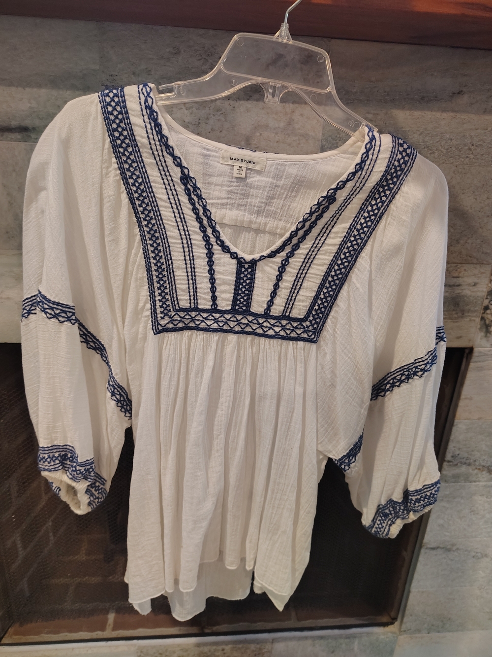 Max Studio White Peasant Tunic with Navy Embroidery